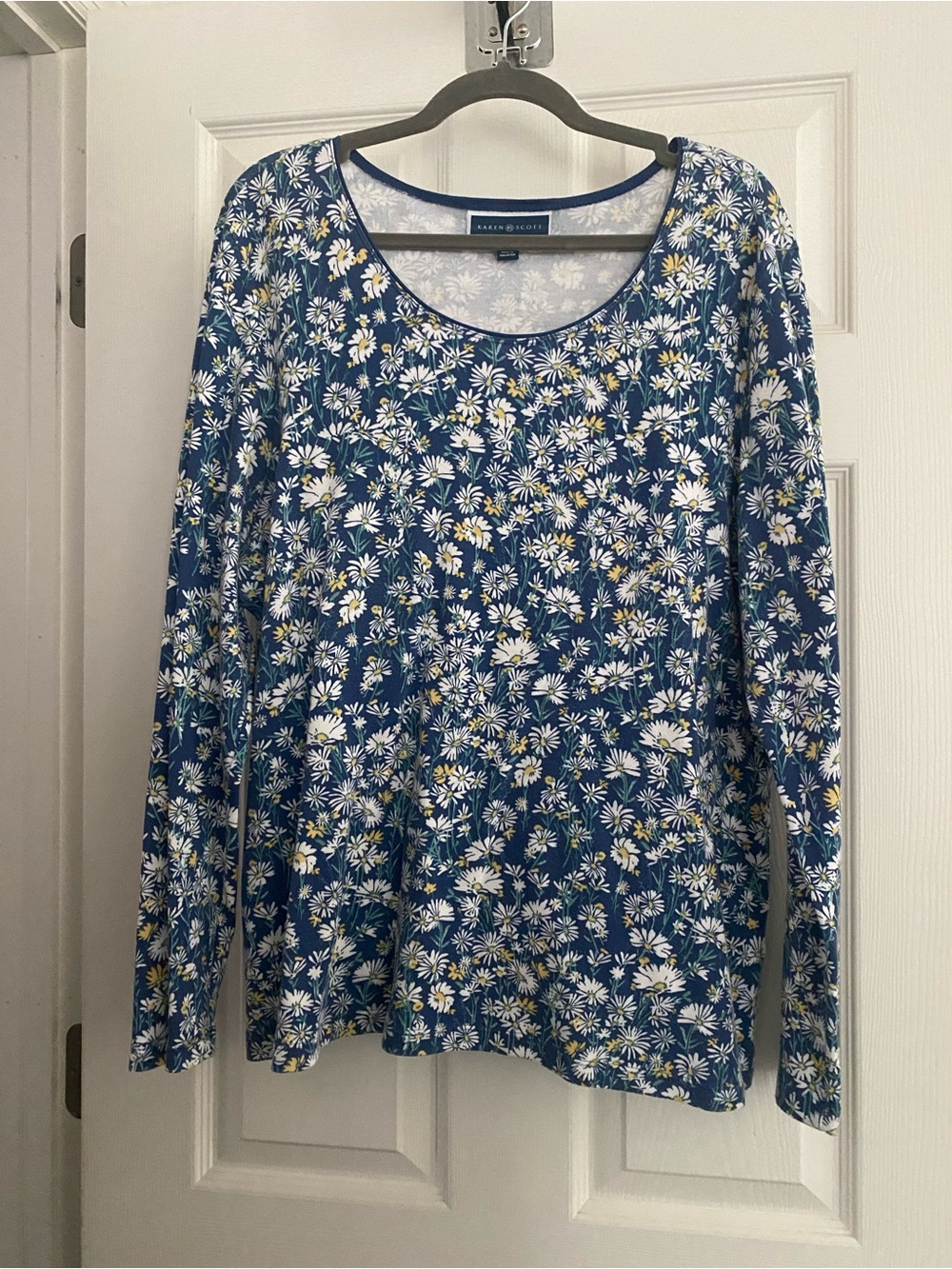 Karen Scott Navy Blue Floral Long-Sleeve Scoop Neck Top XXL